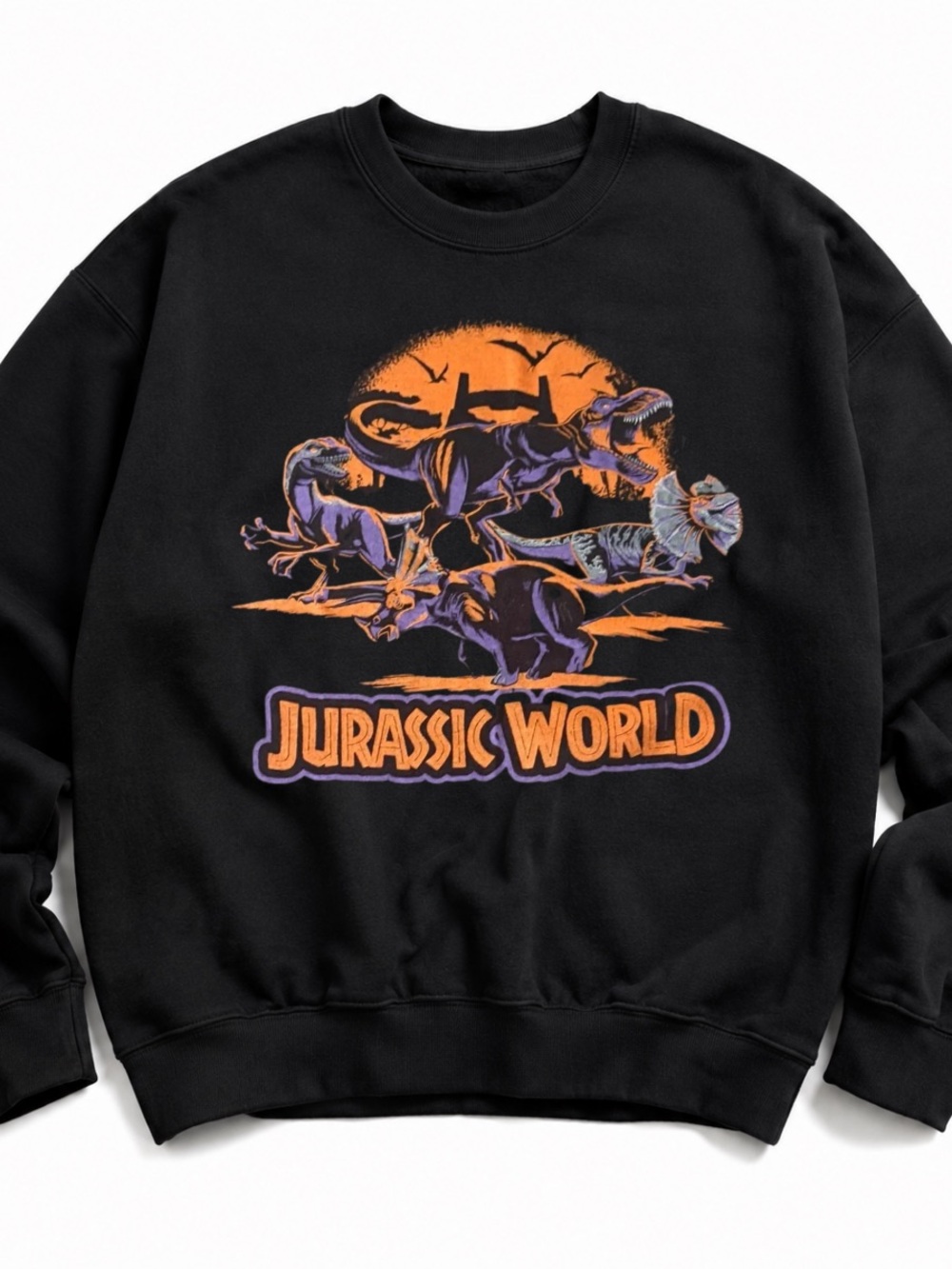 Black Crewneck Sweatshirt with Orange & Purple Jurassic World Graphic